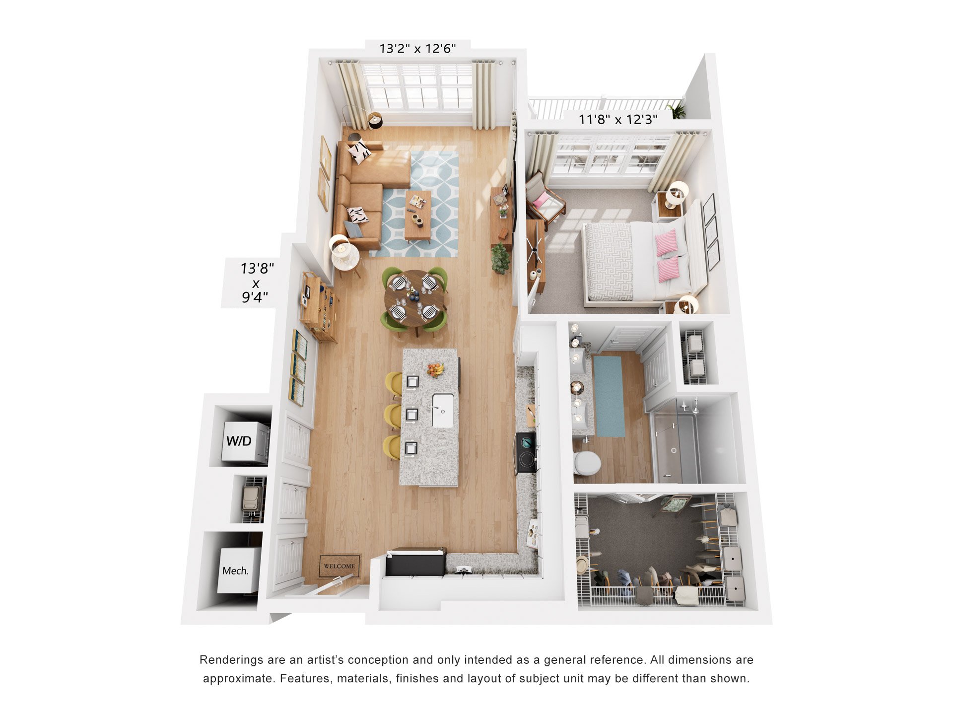 Floor plan for 1 bed, 1 bath, 878 sqft